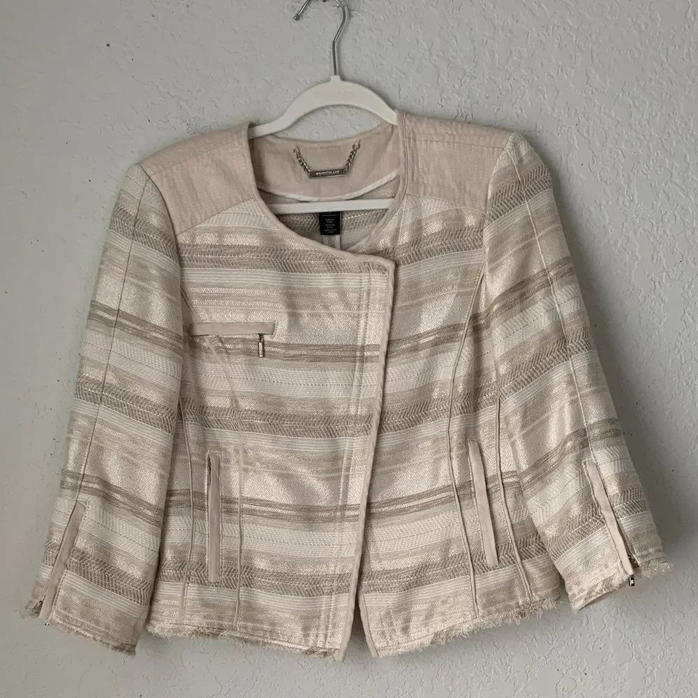 White House Black Market Cream Striped Tweed Blazer Assymetrical Zipper Size 14